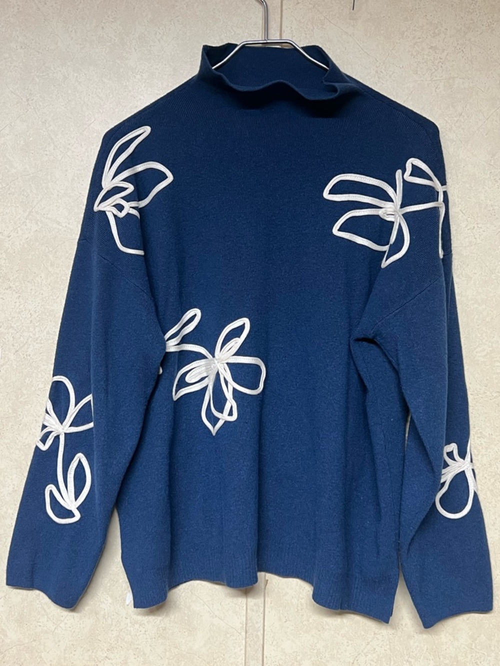 Chico's navy mock neck white floral embroidered long sleeve sweater - Picture 2 of 11